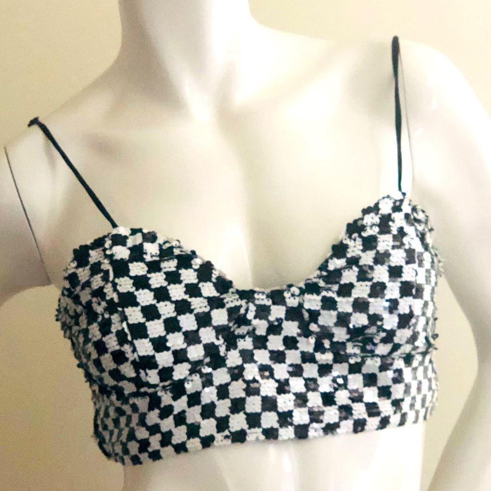 Sequin Black & White Bustier Cropped Top